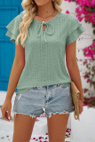 Plain Eyelet Pattern Split Collar Tiered Sleeves Top