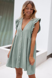 Gray Ruffled Textured Buttoned Shift Dress