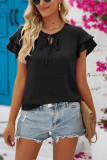 Plain Swiss Dot Double Ruffle Sleeves Top
