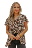 Brown Flutter Sleeves Leopard/Abstract Print V Neck Top