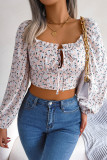 Frilled Square Neck Split Collar Smocked Floral Crop Top