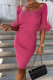 Rose Ribbed Off Shoulder Feather Cuff Bodycon Dress