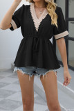 Plain V Neck Lace Edge Elastic Waist Tunic Top