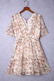 Pink Floral Print Smocked High Waist Deep V Neck Mini Dress