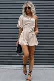 White One Shoulder Puff Sleeve Front Tie Romper