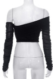Plain Off Shoulder Ruched Long Sleeves Crop Top
