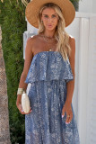 Blue Boho Print Tassel Tie Maxi Tube Top Dress