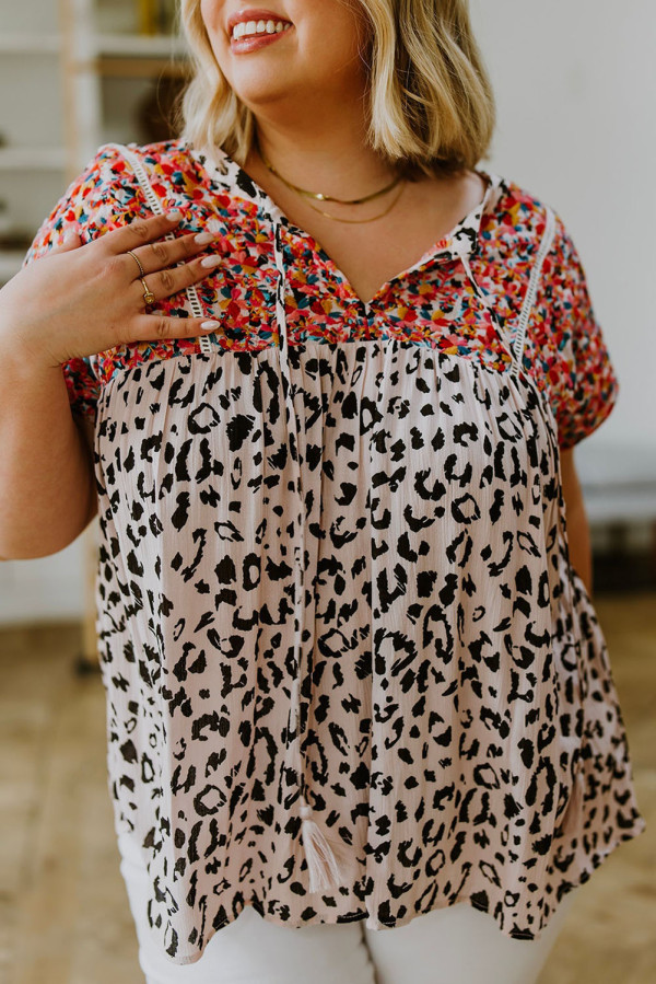 Plus Size Boho Leopard Print Short Sleeve Blouse