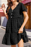 V Neck Buttoned Jacquard Spot Tiered Dress
