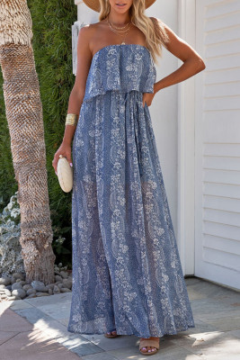 Blue Boho Print Tassel Tie Maxi Tube Top Dress