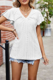 Plain V Neck Texture Ruffle Top