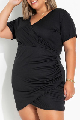 Black Wrap Ruched Short Sleeves Plus Size Mini Dress