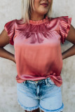 Pink Satin Fringed Ruffle Sleeve Mock Neck Blouse