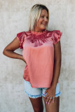 Pink Satin Fringed Ruffle Sleeve Mock Neck Blouse