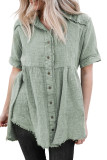 Green Acid Wash Raw Hem Short Sleeves Buttoned Shirt