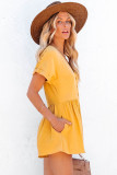 Yellow Button V Neck Crinkle Pocketed Romper