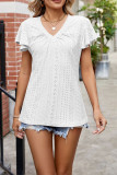 Plain V Neck Texture Ruffle Top