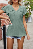 Plain V Neck Texture Ruffle Top