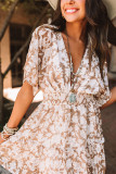 Pink Floral Print Smocked High Waist Deep V Neck Mini Dress