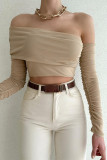 Plain Off Shoulder Ruched Long Sleeves Crop Top