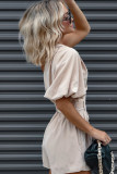 White One Shoulder Puff Sleeve Front Tie Romper