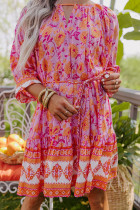 Red 3/4 Sleeve Boho Floral Belted Mini Dress