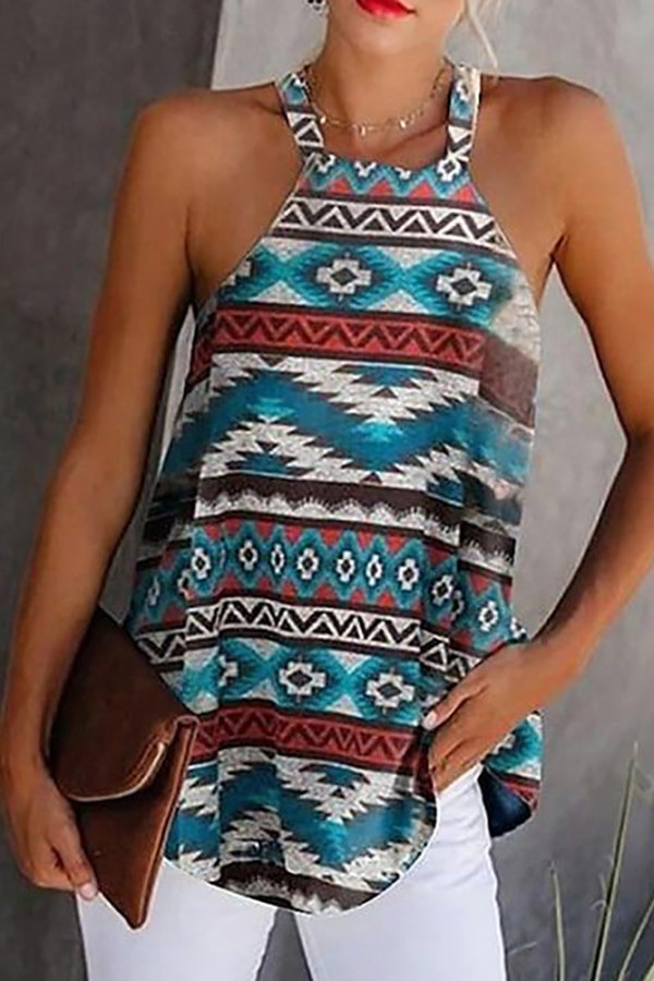 Blue Aztec Print Halter Tank Top