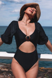 Black Puff Sleeve Cutout V Neck One Piece Swimsuit