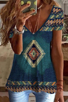 Dark Blue V Neck Western Print Top