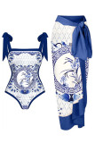 Printed V Neck One Piece Swimsuit With Side Tie Cover Up Skirt 2pcs Set
