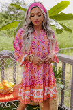 Red 3/4 Sleeve Boho Floral Belted Mini Dress