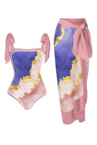 Printed V Neck One Piece Swimsuit With Side Tie Cover Up Skirt 2pcs Set