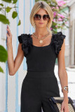 Black Ruffle Short Sleeves Round Neck Top