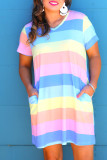 Multicolor Colorblock Pocketed V Neck T-shirt Dress