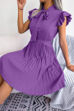 Plain Front Tie Collar Pleated Dress