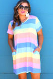 Multicolor Colorblock Pocketed V Neck T-shirt Dress