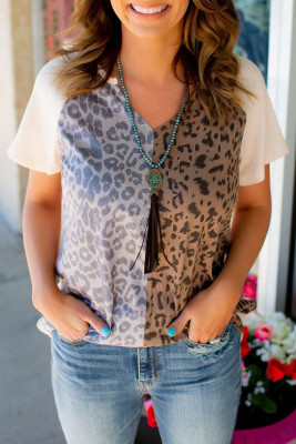 Leopard Color Block Contrast Waffle Knit Short Sleeve Top