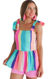 Multicolor Striped Print Colorblock Knotted Shoulder Peplum Tank Top