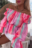 Multicolor Stripe Print Frill Off Shoulder Bubble Sleeve Blouse
