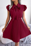Plain Front Tie Collar Pleated Dress