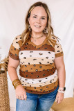 Leopard Color Block V Neck Plus Size T Shirt