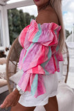 Multicolor Stripe Print Frill Off Shoulder Bubble Sleeve Blouse