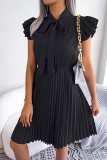 Plain Front Tie Collar Pleated Dress