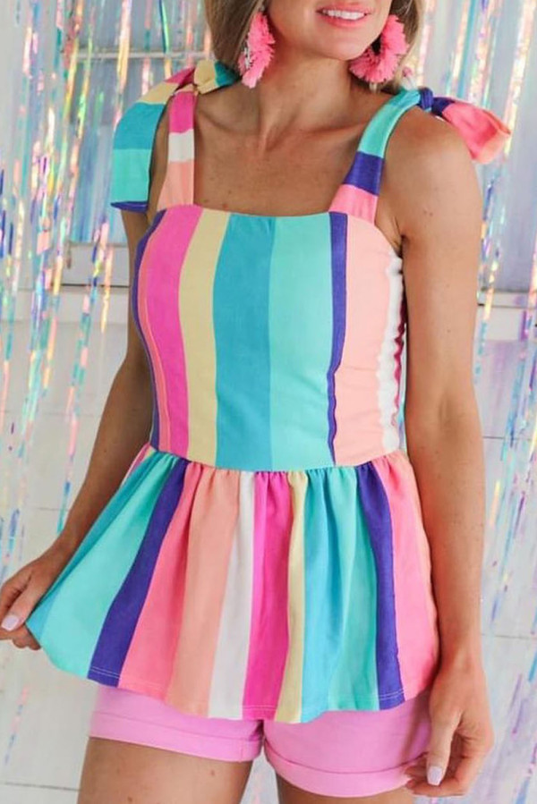 Multicolor Striped Print Colorblock Knotted Shoulder Peplum Tank Top