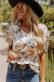 Gold Leopard Floral Print Split Neck Puff Sleeve Blouse