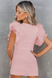 Pink Ruffle Tulle Sleeve Ribbed Knit Bodycon Dress