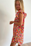 Red Ruffle Sleeve V-Neck Floral Dress