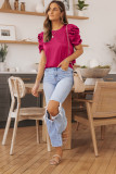 Red Ruched Puff Short Sleeve Satin Blouse