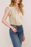 Plain V Neck Ruffle Crochet Sleeves Blouse