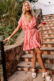 Red Stripe Print Rolled Short Sleeve V Neck Mini Dress